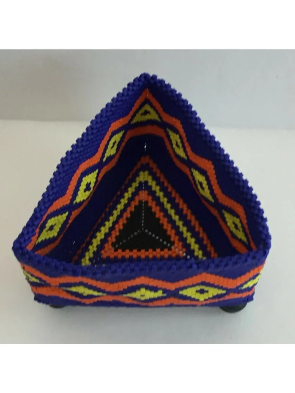 Handmade Beaded Small Box Royal Blue Orange Yellow Tribal Tchotchke
